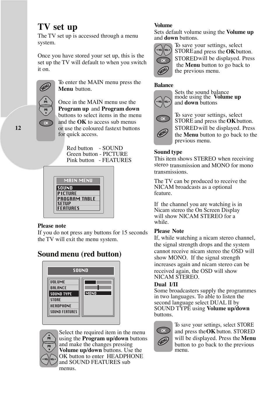 Tv set up, Sound menu (red button) | ITT 29-100-1 ST User Manual | Page 13 / 29