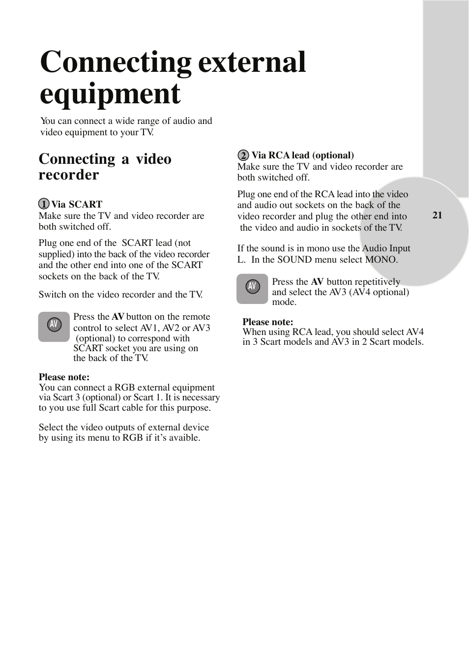 Connecting external equipment, Connecting a video recorder | ITT 29-100-1 ST User Manual | Page 22 / 29