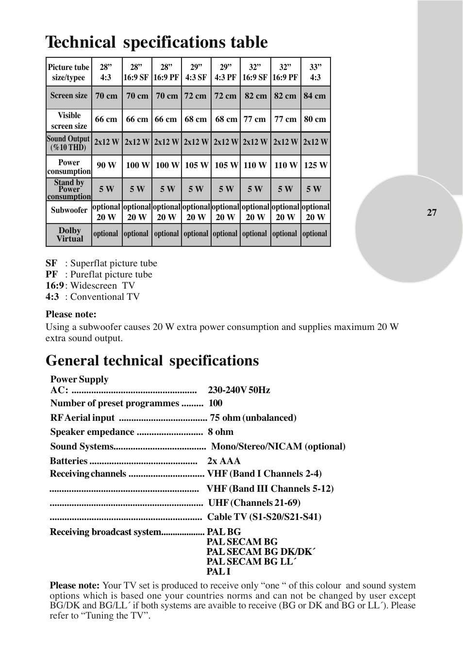 Technical specifications table, General technical specifications | ITT 29-100-1 ST User Manual | Page 28 / 29