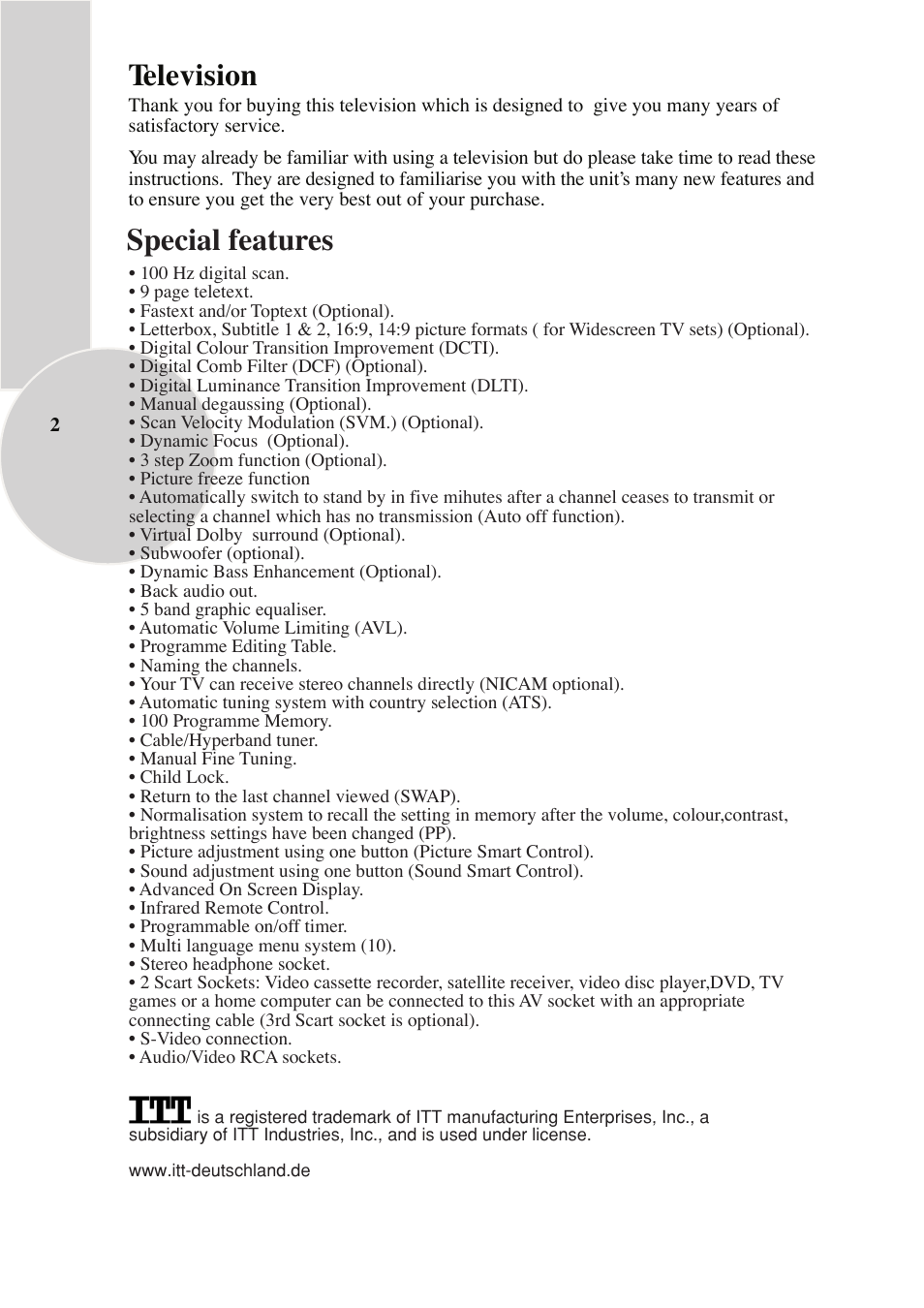 Television, Special features | ITT 29-100-1 ST User Manual | Page 3 / 29