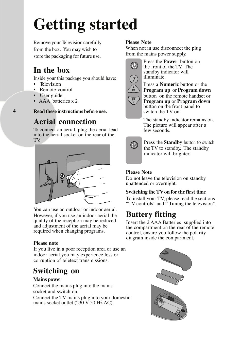 Getting started, Switching on, Battery fitting | Aerial connection | ITT 29-100-1 ST User Manual | Page 5 / 29