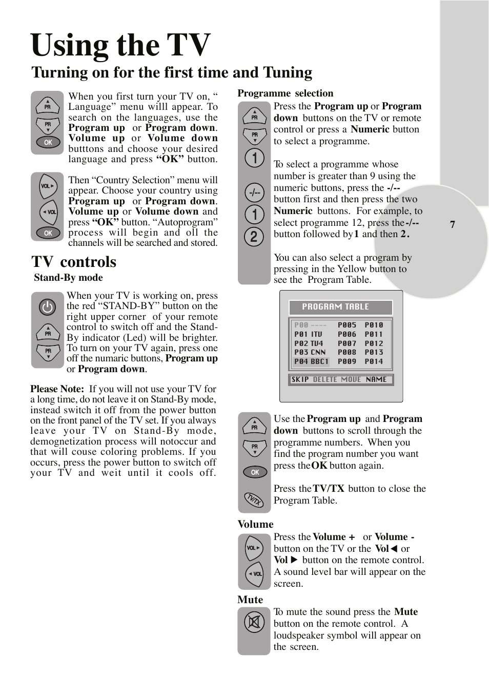 Using the tv, Turning on for the first time and tuning, Tv controls | ITT 29-100-1 ST User Manual | Page 8 / 29