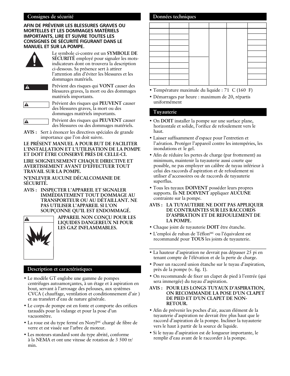 Consignes de sécurité, Description et caractéristiques, Données techniques | Tuyauterie | ITT IRRI-GATOR GT30 User Manual | Page 18 / 24