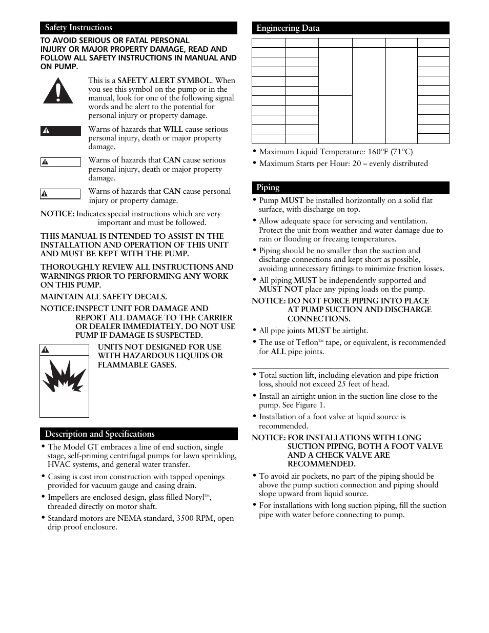Safety instructions, Description and specifications, Engineering data | Piping | ITT IRRI-GATOR GT30 User Manual | Page 2 / 24