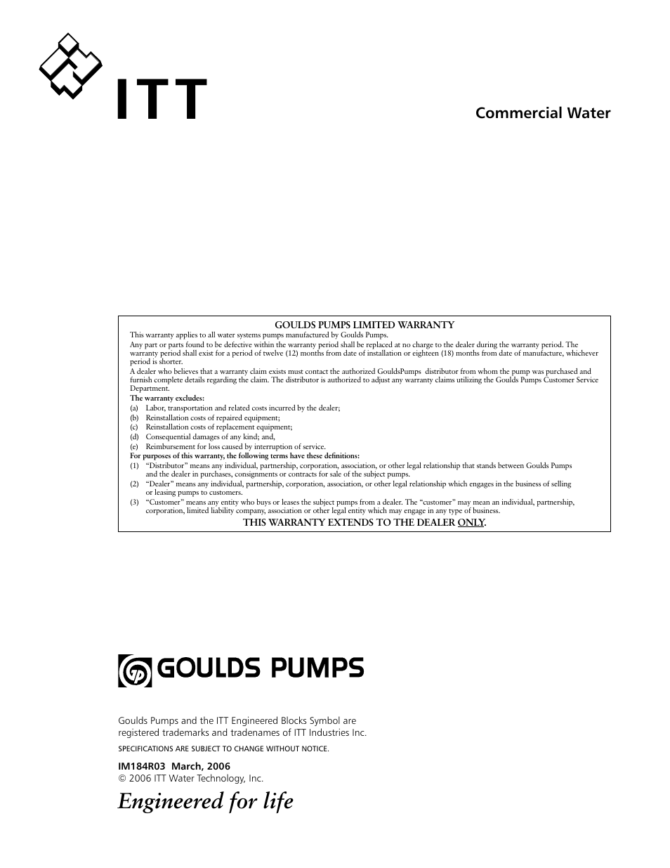 Engineered for life, Commercial water | ITT SSH-C User Manual | Page 15 / 36