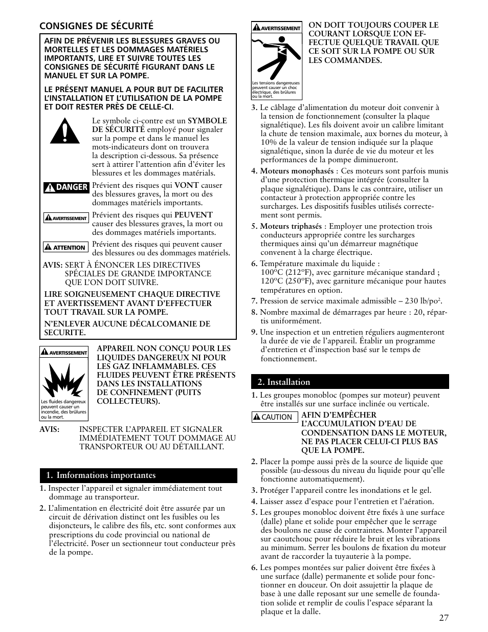 Consignes de sécurité | ITT SSH-C User Manual | Page 27 / 36