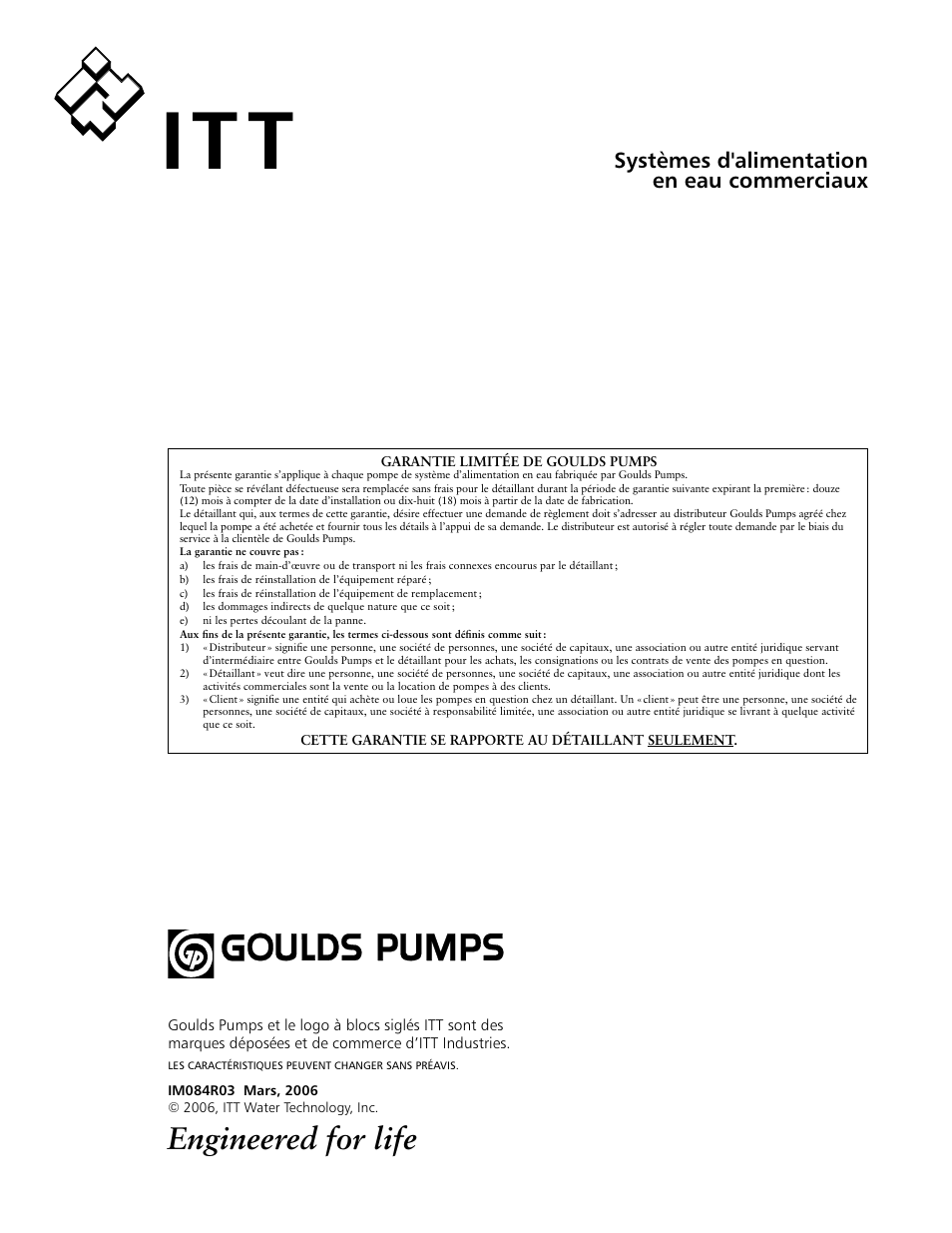 Engineered for life, Systèmes d'alimentation en eau commerciaux | ITT SSH-C User Manual | Page 36 / 36