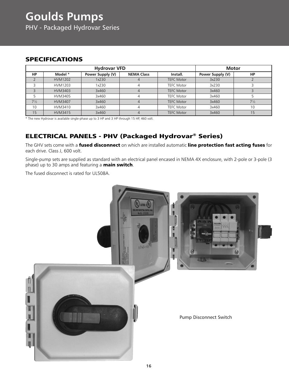 Goulds pumps, Phv - packaged hydrovar series, Specifications | Electrical panels - phv (packaged hydrovar, Series) | ITT BPHV User Manual | Page 16 / 52