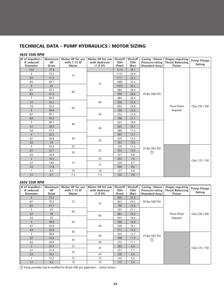 Technical data – pump hydraulics / motor sizing | ITT BPHV User Manual | Page 39 / 52