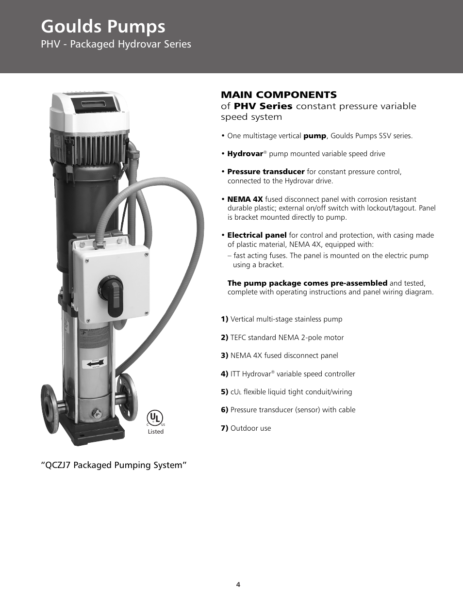 Goulds pumps, Phv - packaged hydrovar series, Main components | ITT BPHV User Manual | Page 4 / 52