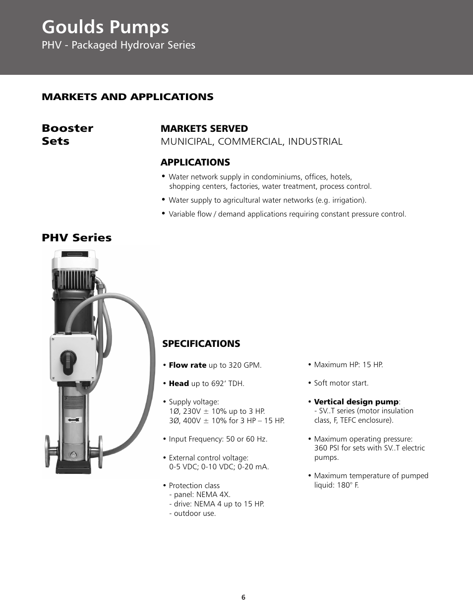 Goulds pumps, Phv - packaged hydrovar series phv series, Booster | Sets | ITT BPHV User Manual | Page 6 / 52