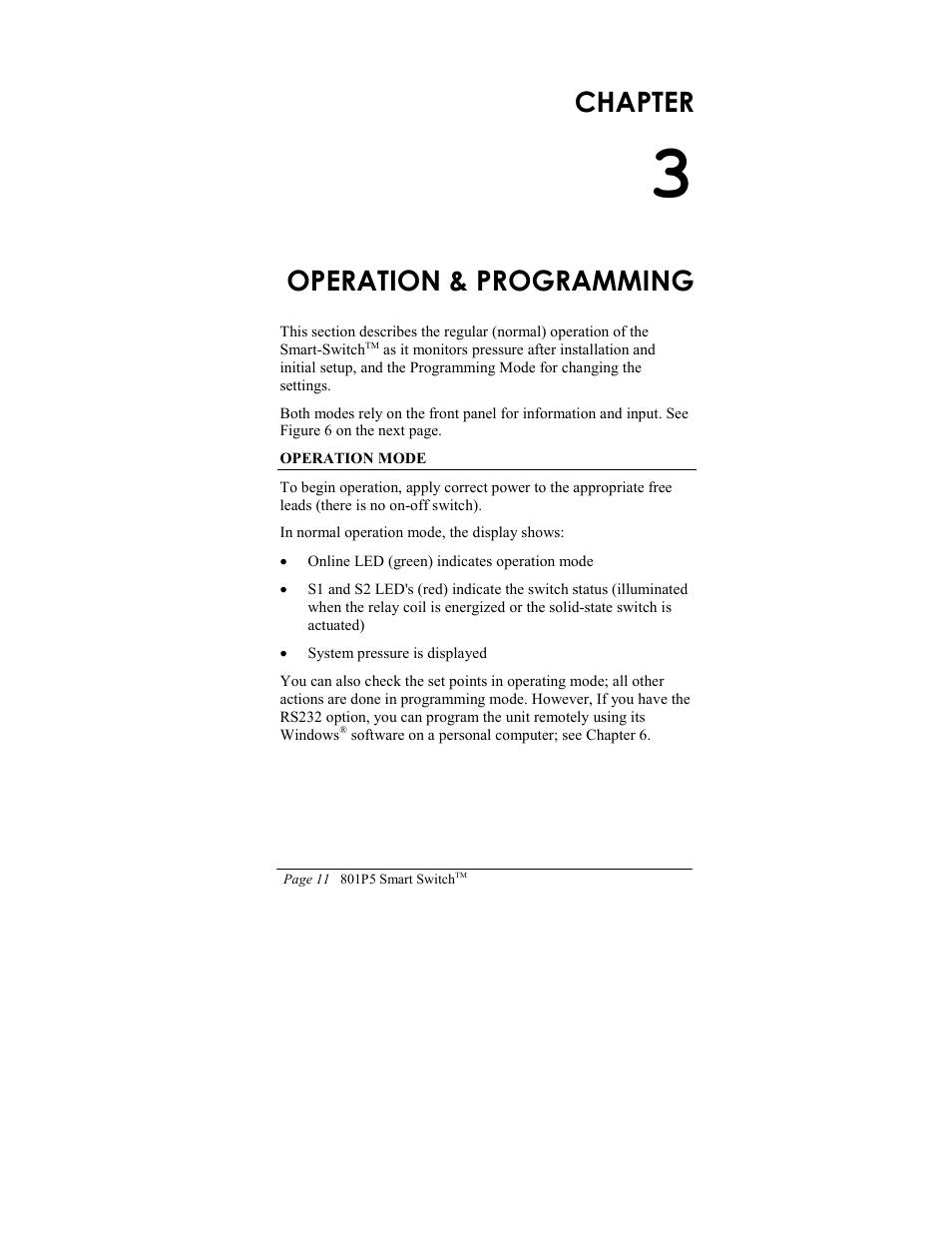 Chapter, Operation & programming | ITT SMART SWITCH 801P5 User Manual | Page 15 / 45