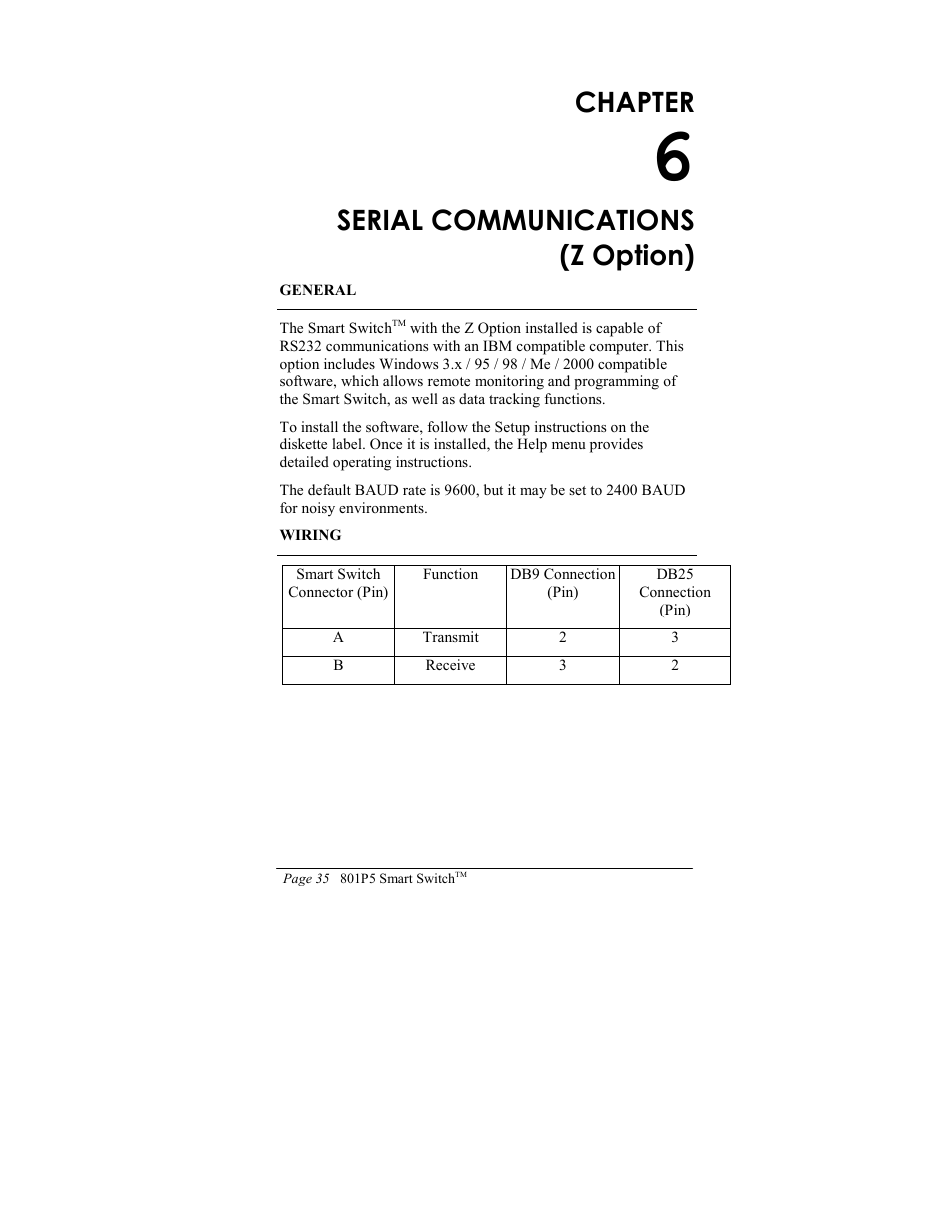 Chapter, Serial communications (z option) | ITT SMART SWITCH 801P5 User Manual | Page 39 / 45