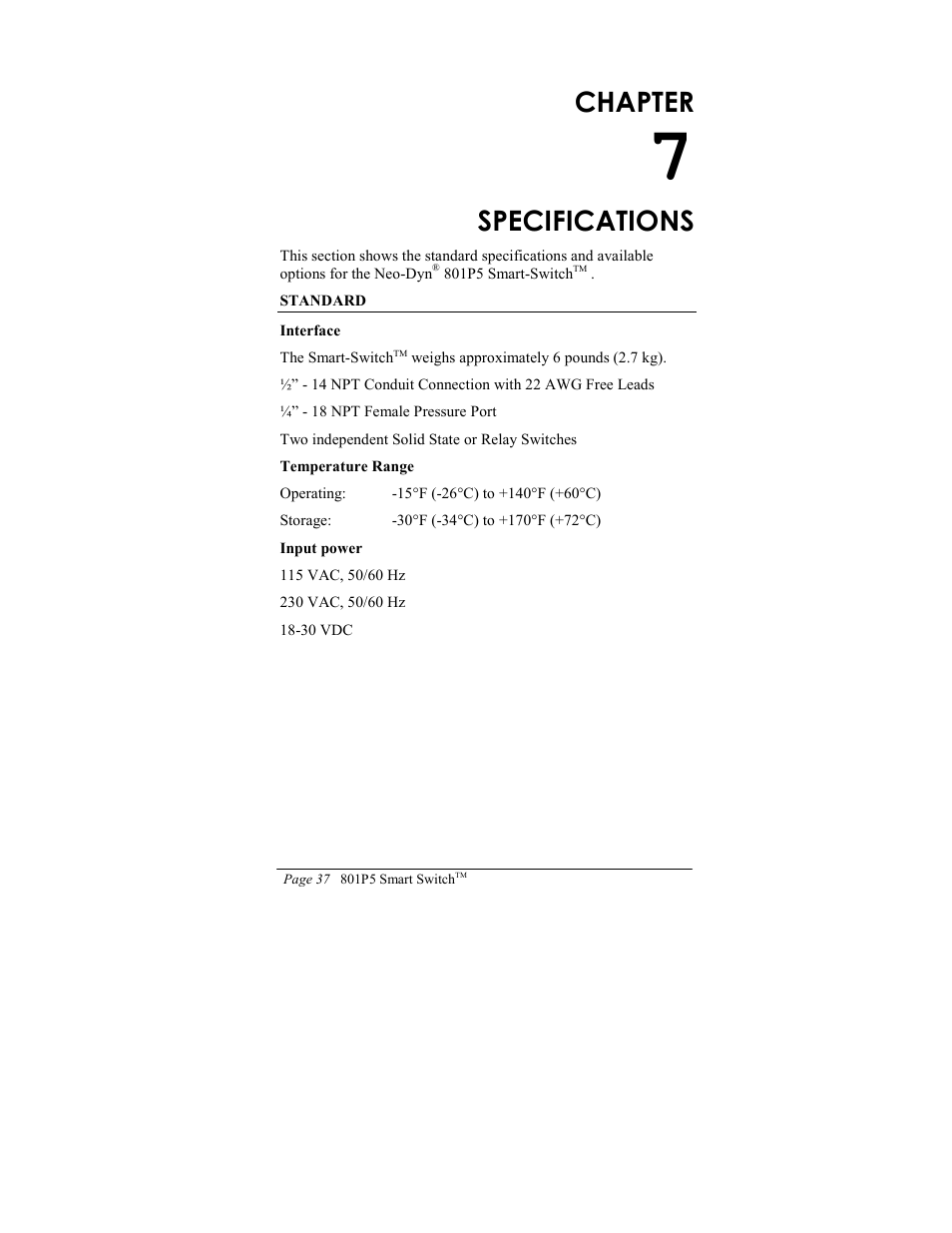 Chapter, Specifications | ITT SMART SWITCH 801P5 User Manual | Page 41 / 45