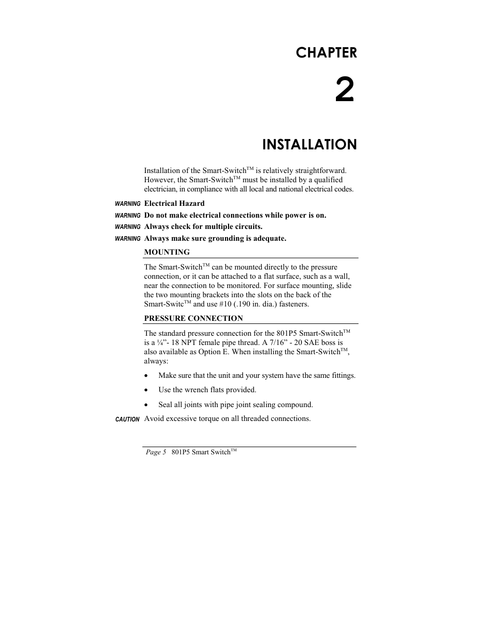 Chapter, Installation | ITT SMART SWITCH 801P5 User Manual | Page 9 / 45