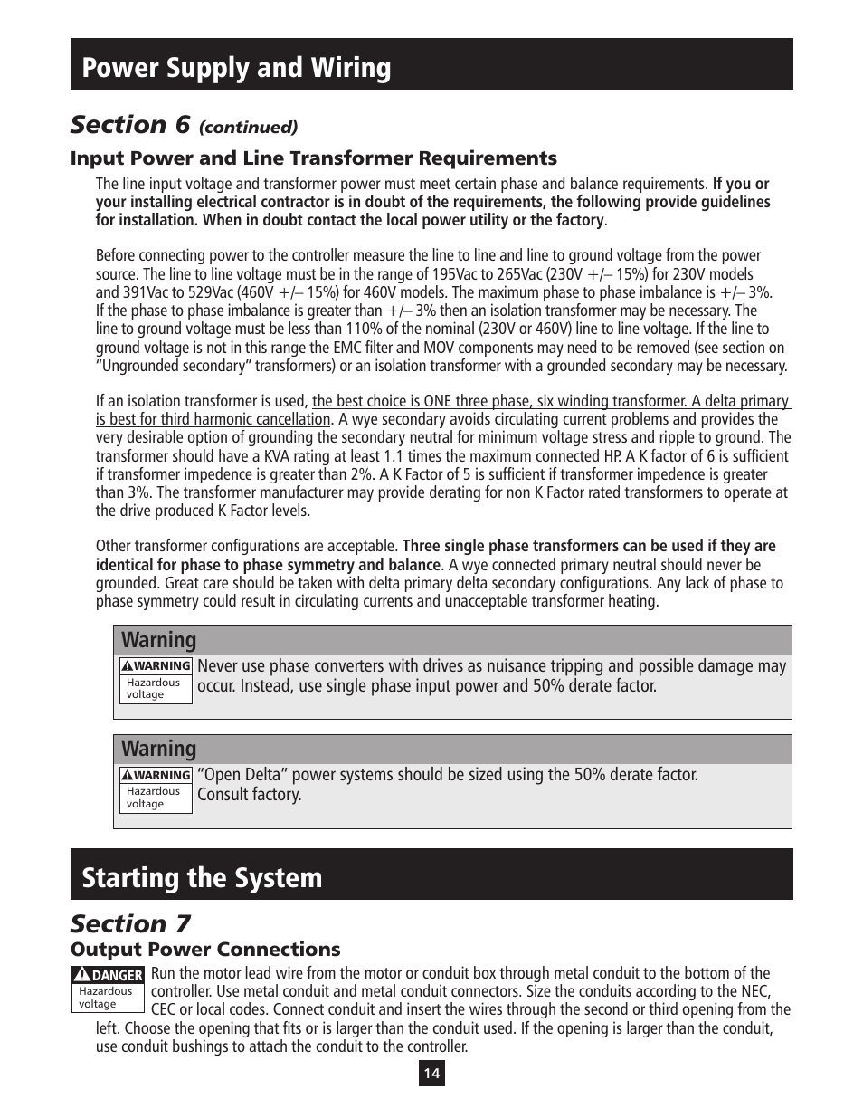 Power supply and wiring, Starting the system, Warning | ITT S-DRIVE IM213 User Manual | Page 14 / 84