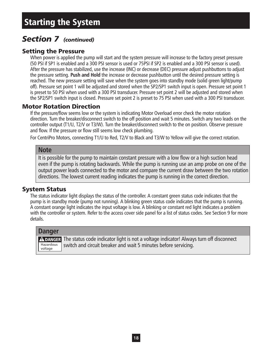 Starting the system, Danger | ITT S-DRIVE IM213 User Manual | Page 18 / 84