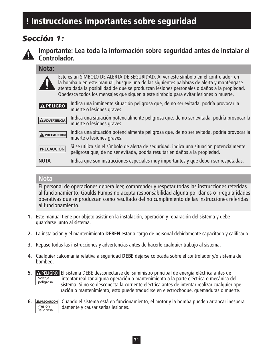 Instrucciones importantes sobre seguridad, Sección 1, Nota | ITT S-DRIVE IM213 User Manual | Page 31 / 84