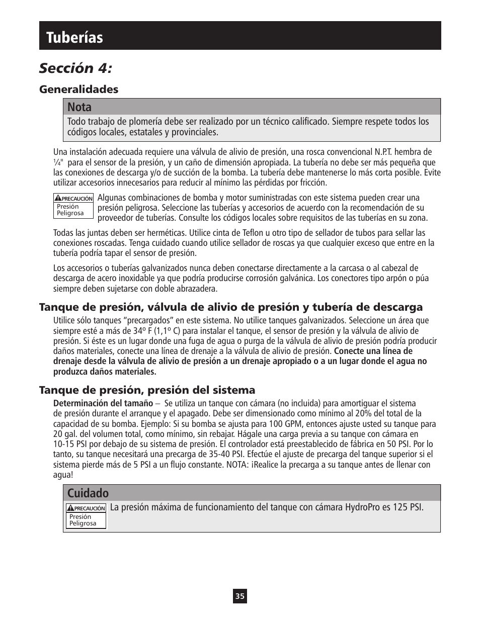 Tuberías, Sección 4, Nota | Cuidado | ITT S-DRIVE IM213 User Manual | Page 35 / 84