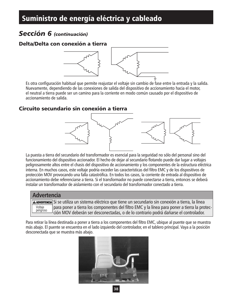 Suministro de energía eléctrica y cableado, Sección 6, Advertencia | ITT S-DRIVE IM213 User Manual | Page 38 / 84