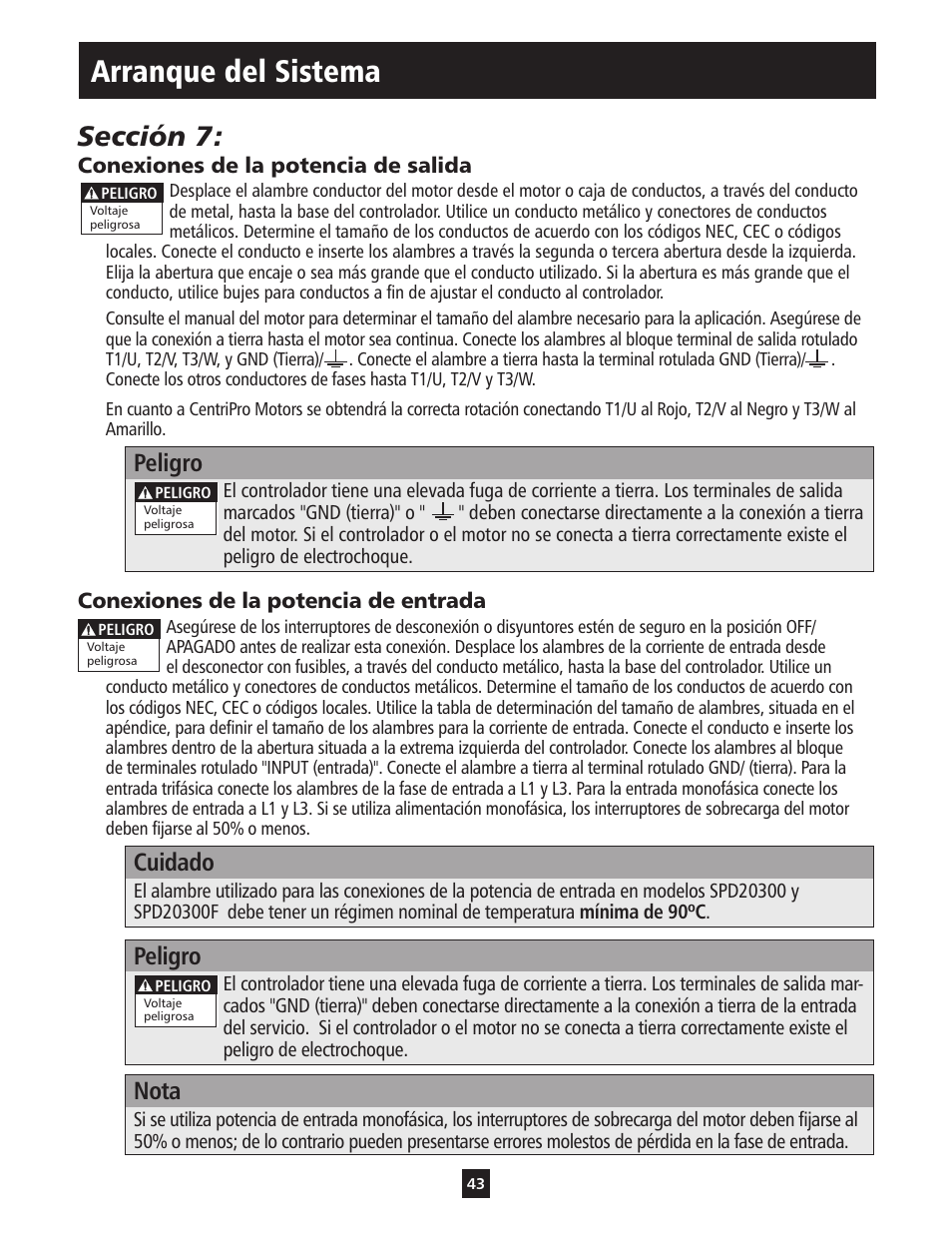 Arranque del sistema, Sección 7, Peligro | Cuidado, Nota | ITT S-DRIVE IM213 User Manual | Page 43 / 84