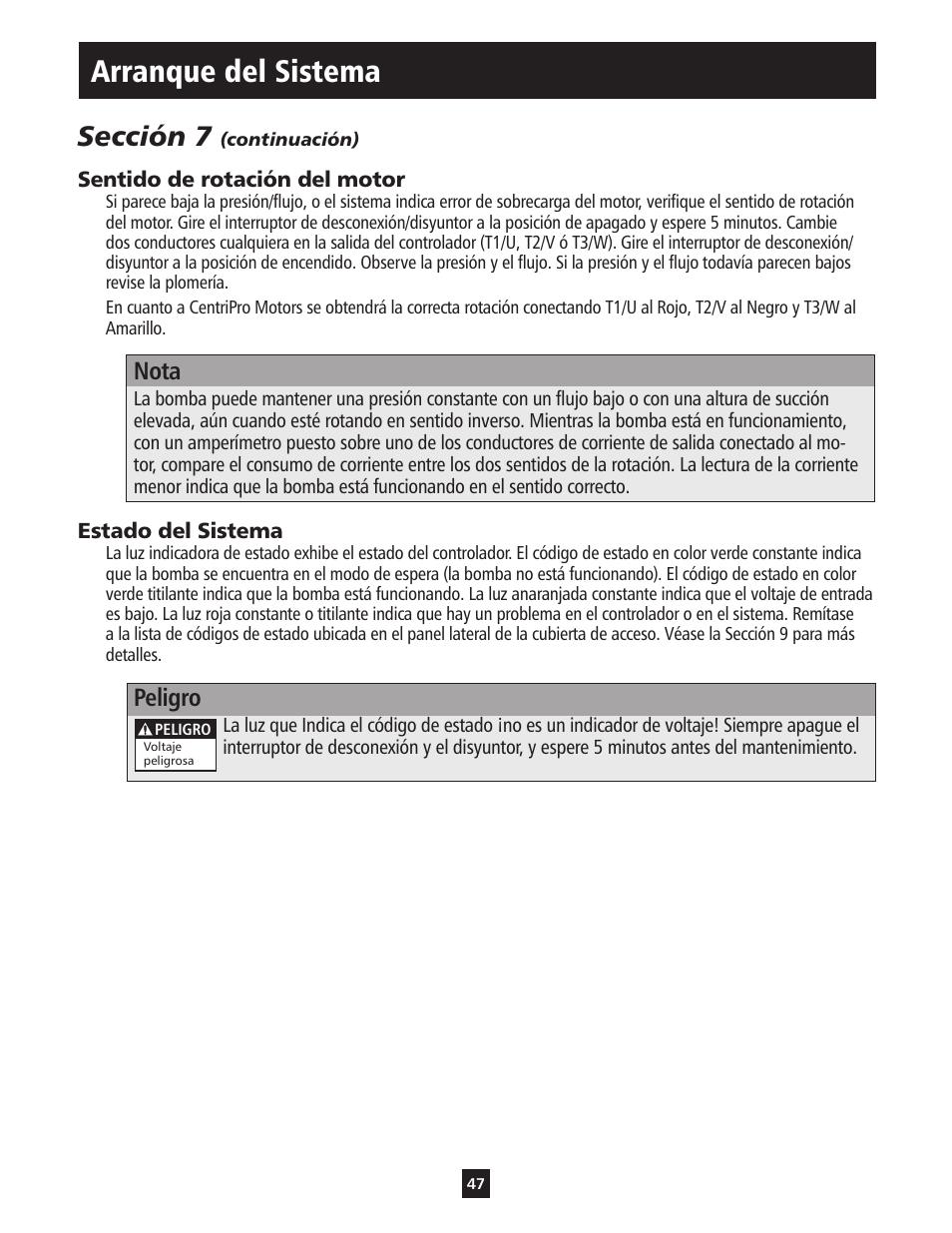 Arranque del sistema, Sección 7, Nota | Peligro | ITT S-DRIVE IM213 User Manual | Page 47 / 84