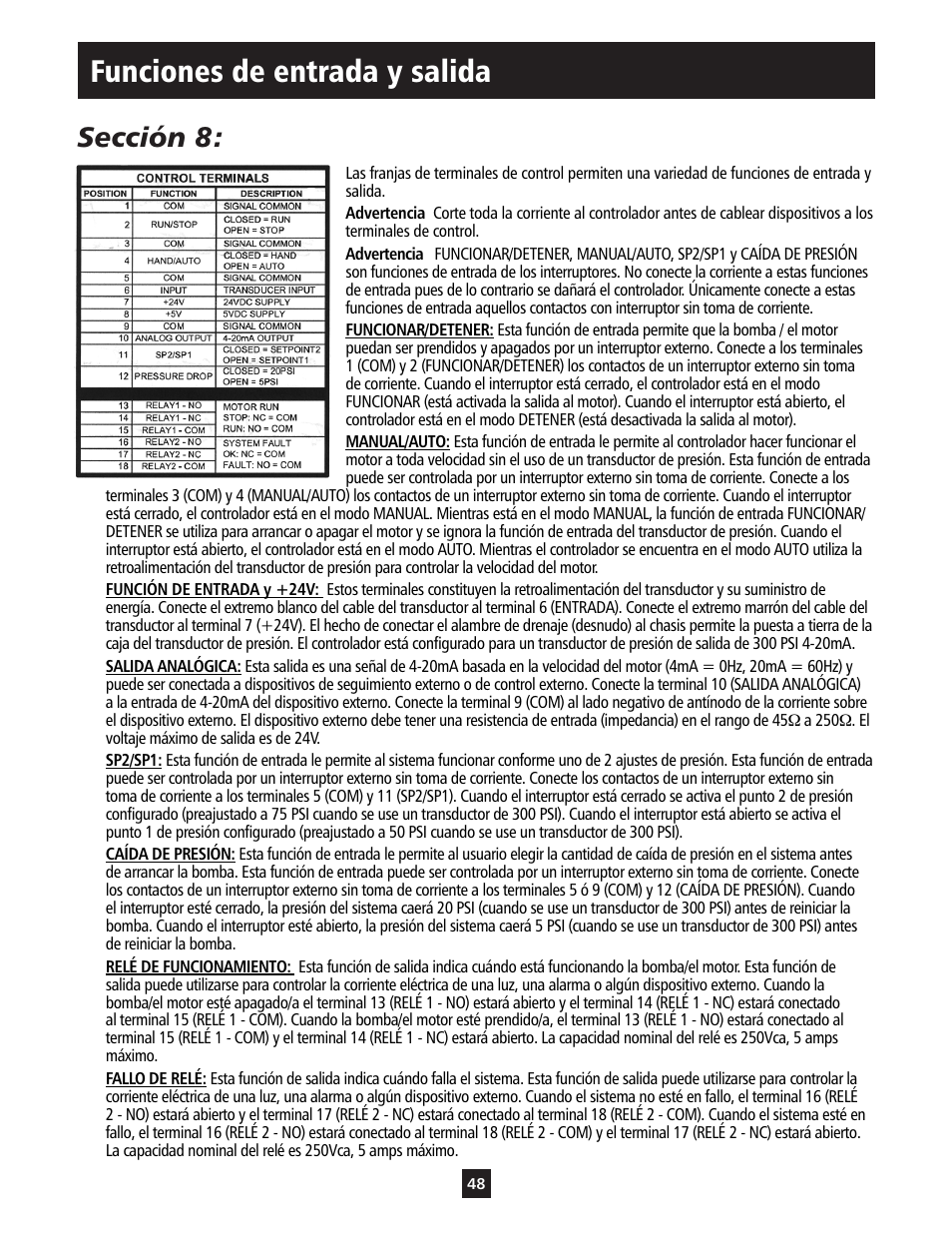Funciones de entrada y salida, Sección 8 | ITT S-DRIVE IM213 User Manual | Page 48 / 84