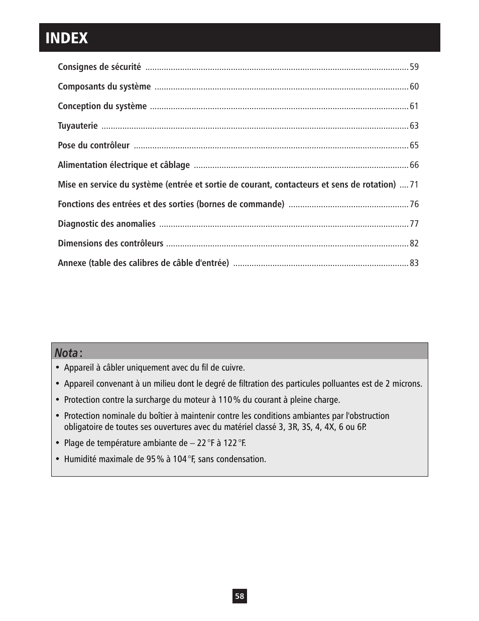 Index, Nota | ITT S-DRIVE IM213 User Manual | Page 58 / 84