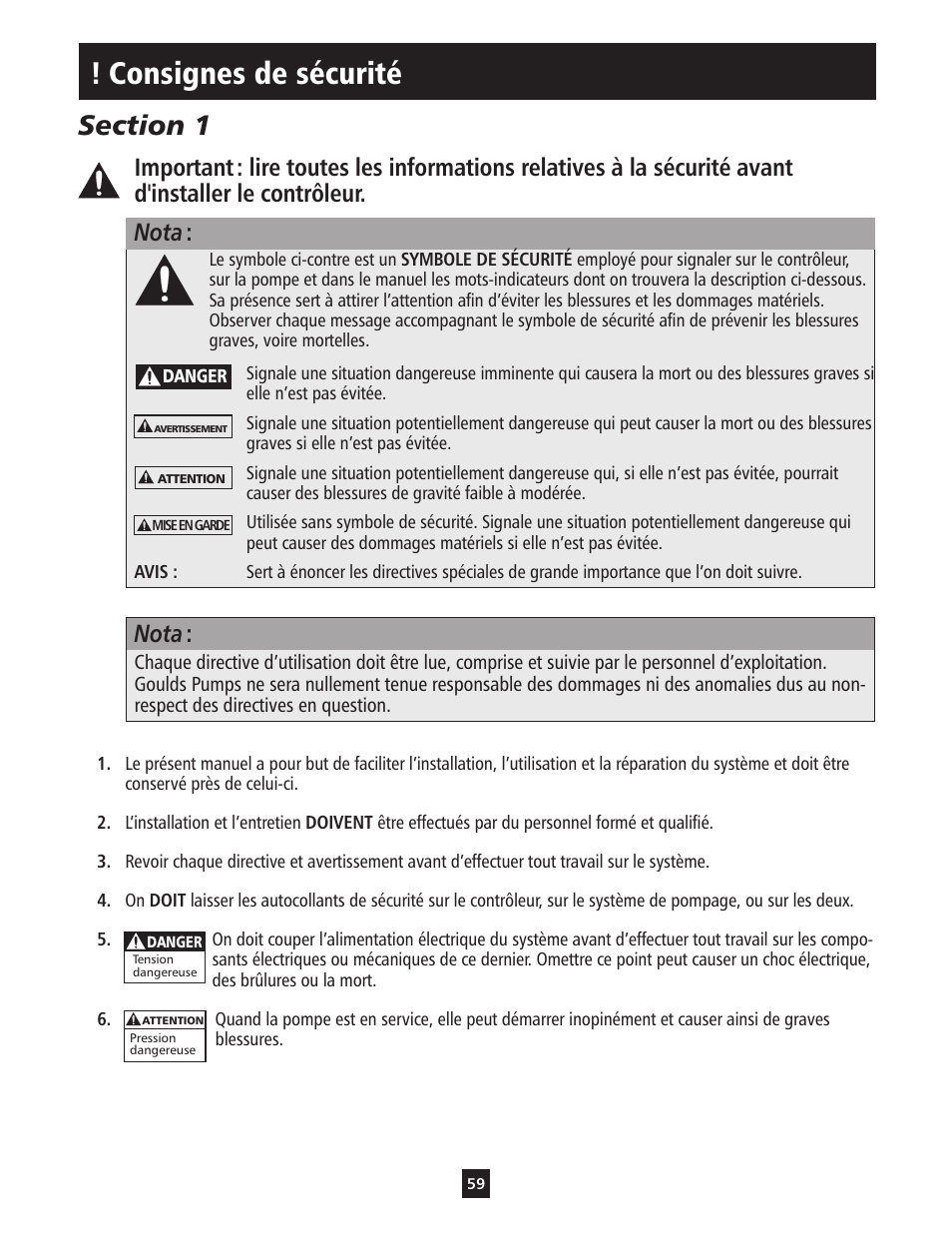 Consignes de sécurité, Nota | ITT S-DRIVE IM213 User Manual | Page 59 / 84