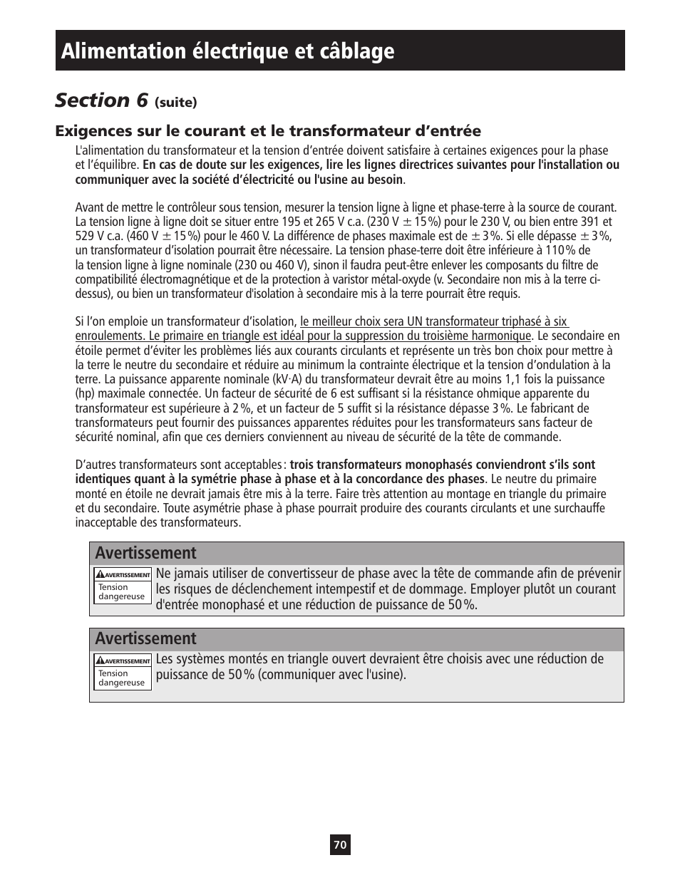 Alimentation électrique et câblage, Avertissement | ITT S-DRIVE IM213 User Manual | Page 70 / 84