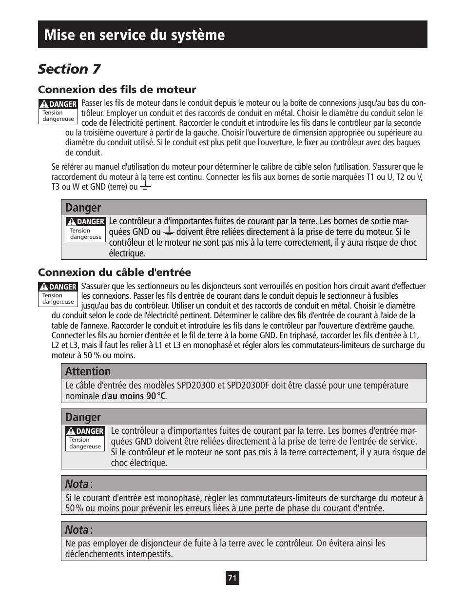 Mise en service du système, Danger, Attention | Nota | ITT S-DRIVE IM213 User Manual | Page 71 / 84