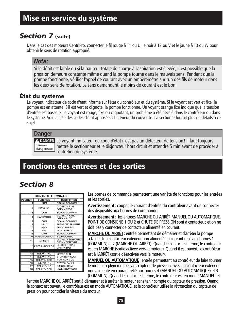 Mise en service du système, Fonctions des entrées et des sorties, Nota | Danger | ITT S-DRIVE IM213 User Manual | Page 75 / 84