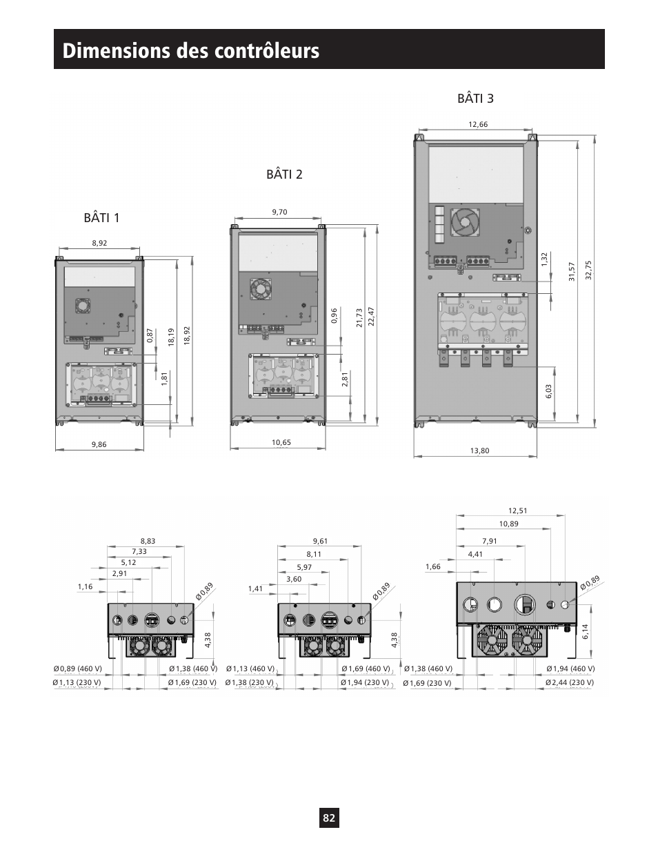 Dimensions des contrôleurs, Bâti 1 bâti 2 bâti 3 | ITT S-DRIVE IM213 User Manual | Page 82 / 84