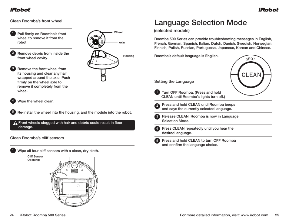 Language selection mode | iRobot ROOMBA 500 User Manual | Page 13 / 19