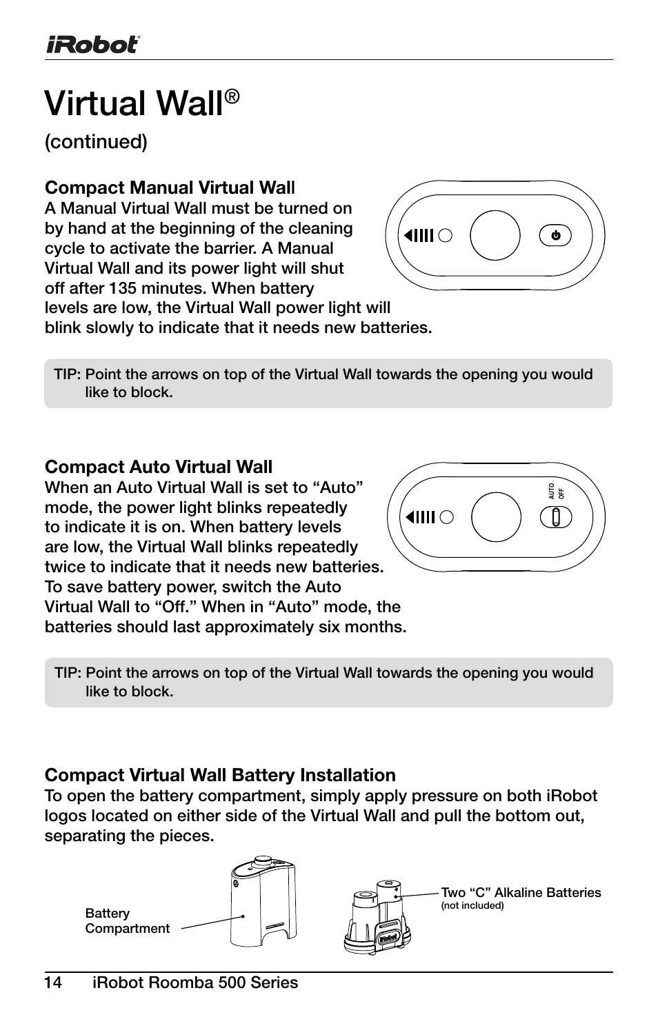 Virtual wall, Continued), Compact virtual wall battery installation | Compact manual virtual wal l, Compact auto virtual wall | iRobot Roomba 600 Series User Manual | Page 14 / 36