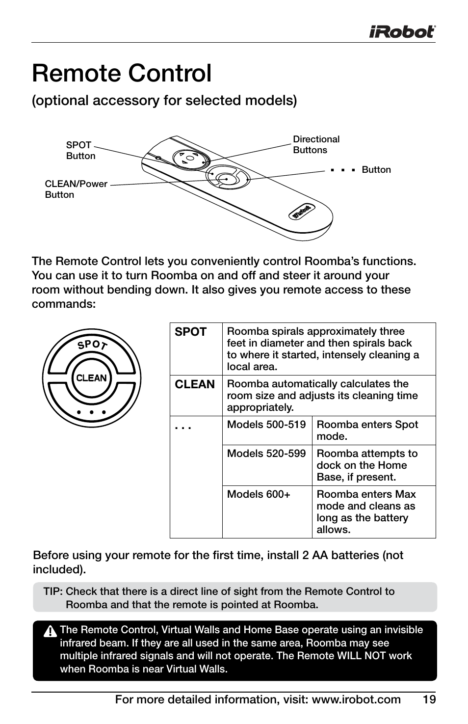 Remote control, Optional accessory for selected models) | iRobot Roomba 600 Series User Manual | Page 19 / 36