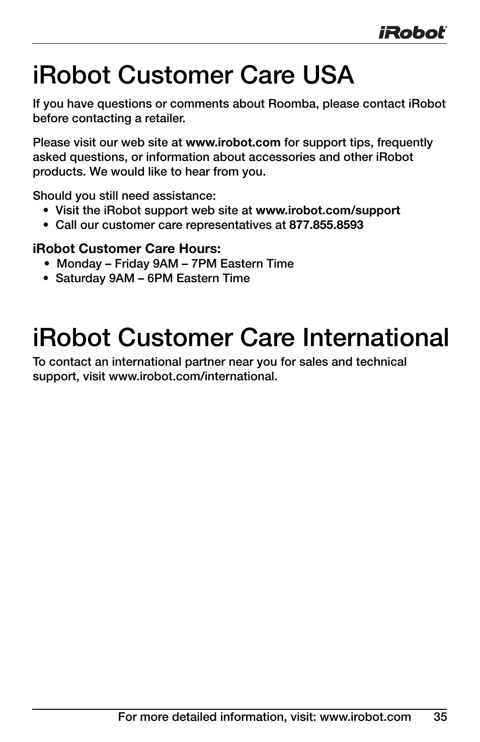 Irobot customer care usa, Irobot customer care international | iRobot Roomba 600 Series User Manual | Page 35 / 36