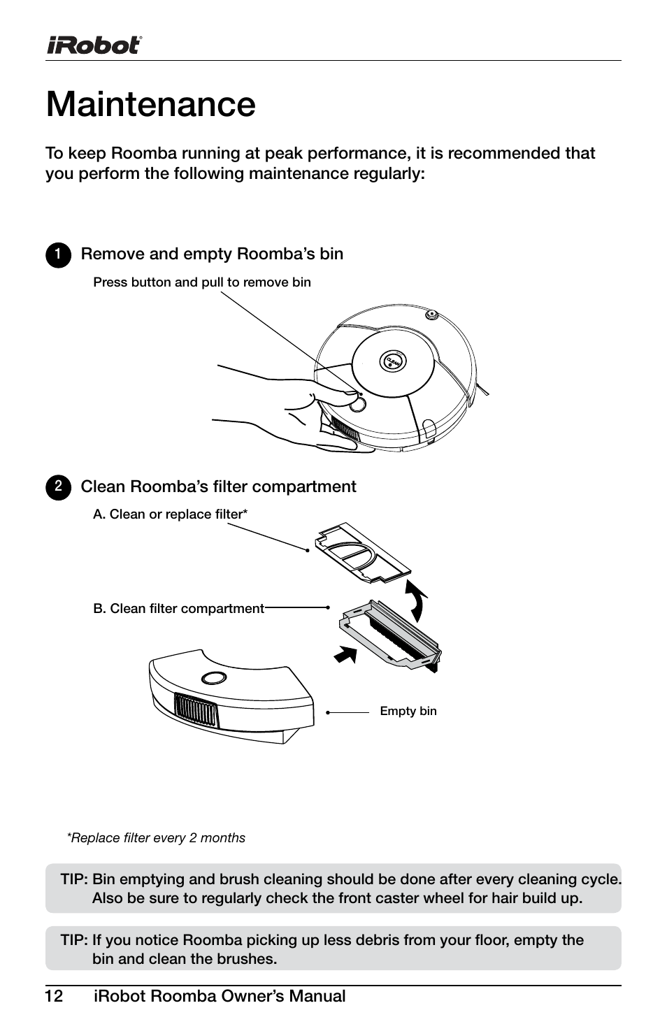 Maintenance | iRobot Roomba Discovery Series 430 User Manual | Page 12 / 16