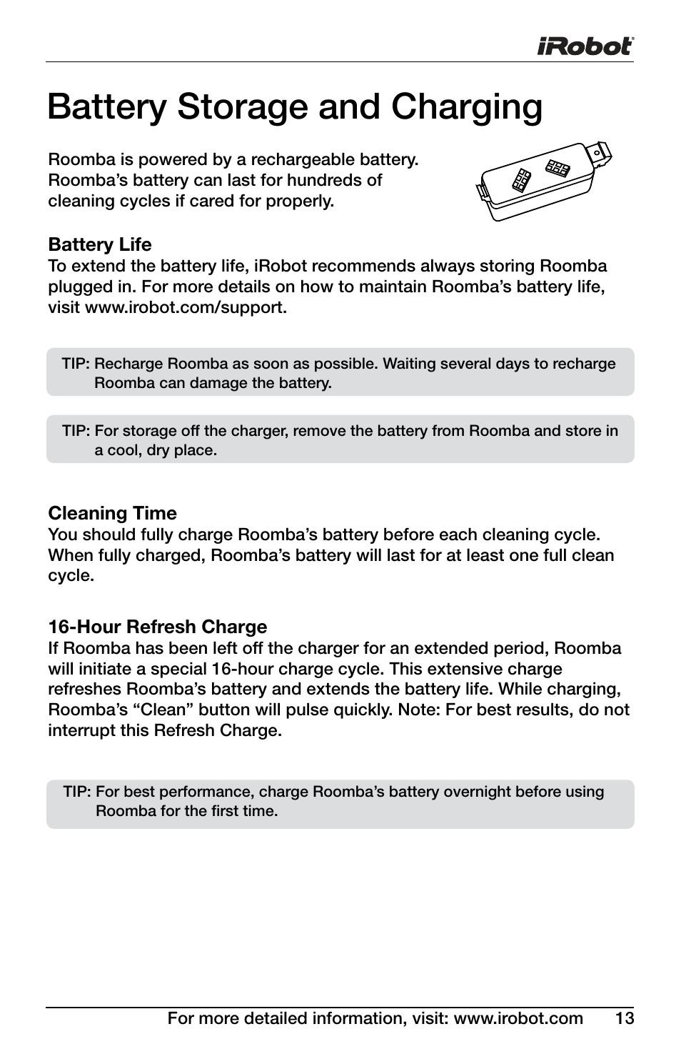 Battery storage and charging | iRobot DISCOVERY 400 User Manual | Page 13 / 28