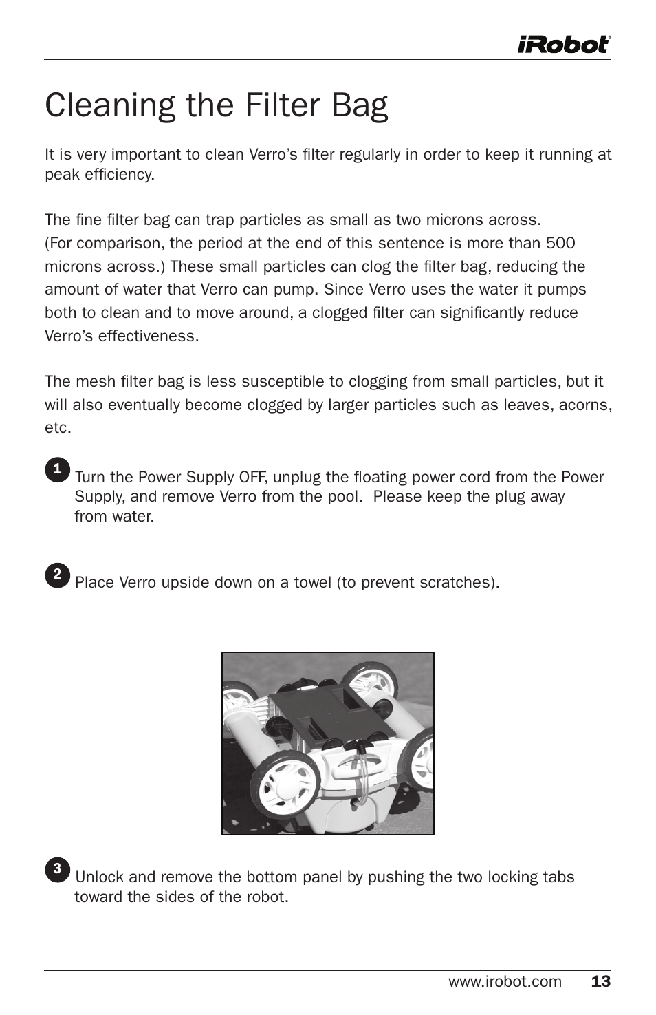Cleaning the filter bag | iRobot 300 User Manual | Page 13 / 28