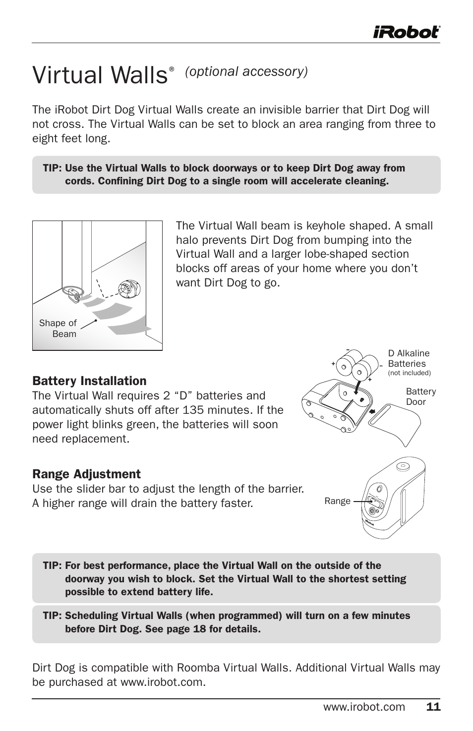 Virtual walls, Optional accessory) | iRobot Robot User Manual | Page 11 / 22