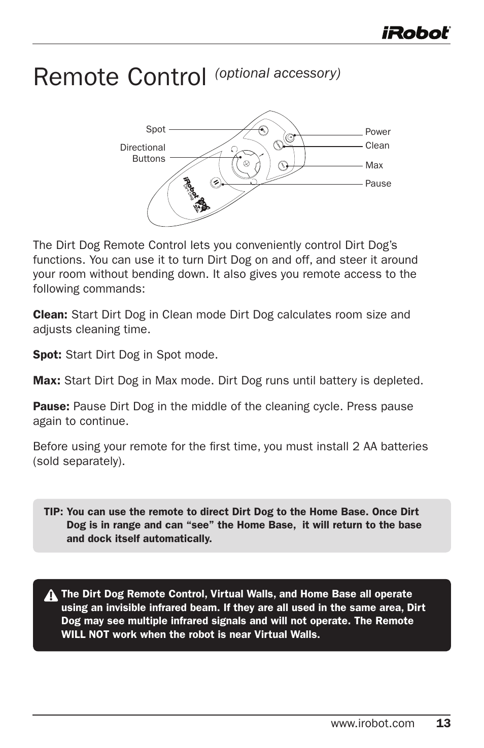 Remote control, Optional accessory) | iRobot Robot User Manual | Page 13 / 22