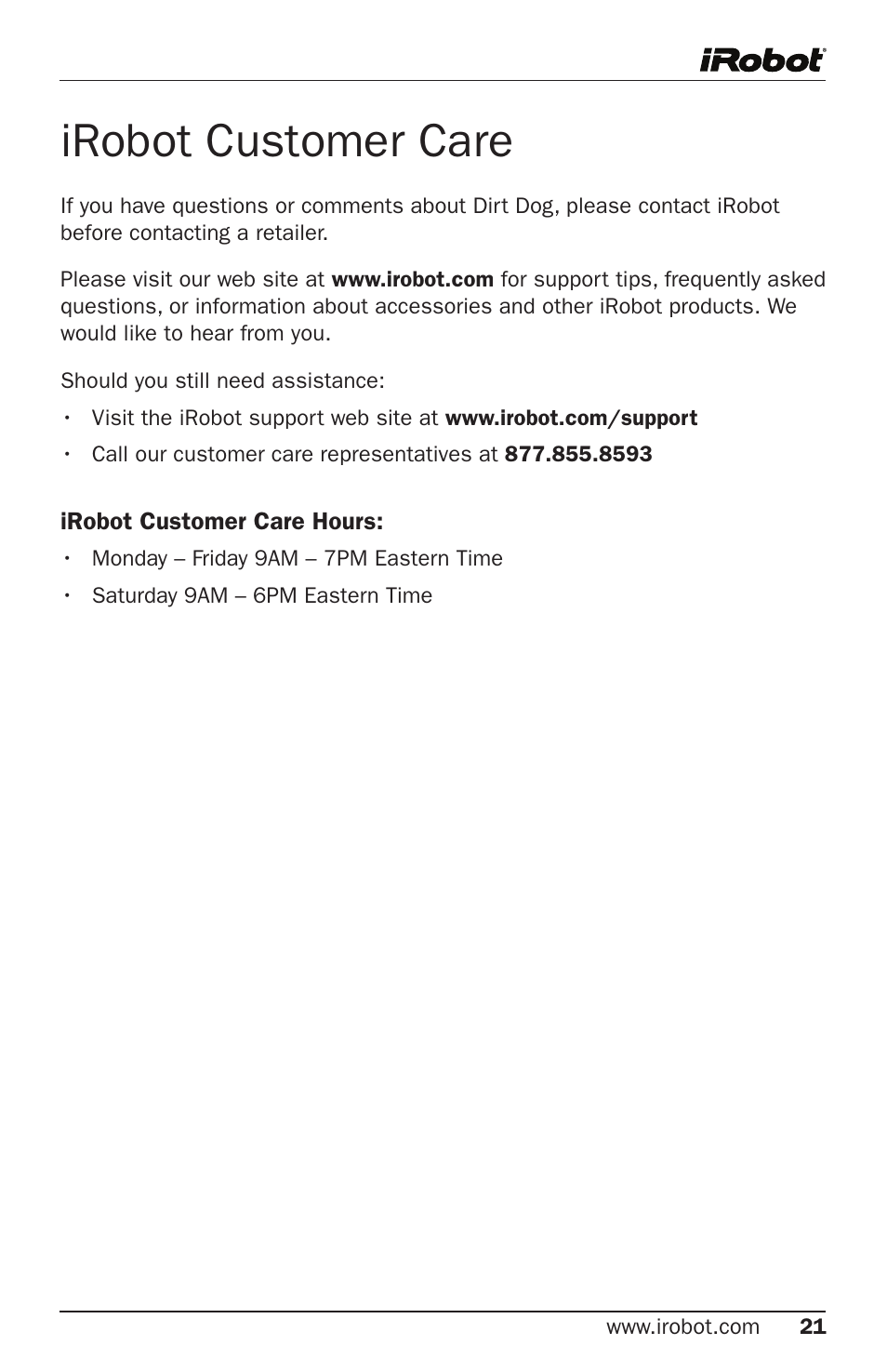 Irobot customer care | iRobot Robot User Manual | Page 21 / 22