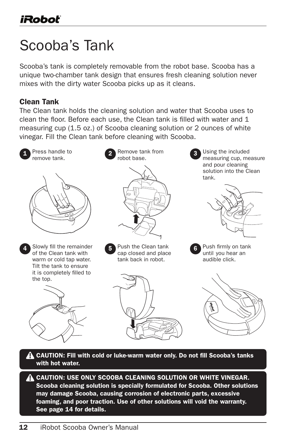 Scooba’s tank, Clean tank | iRobot Cleaning System User Manual | Page 12 / 30