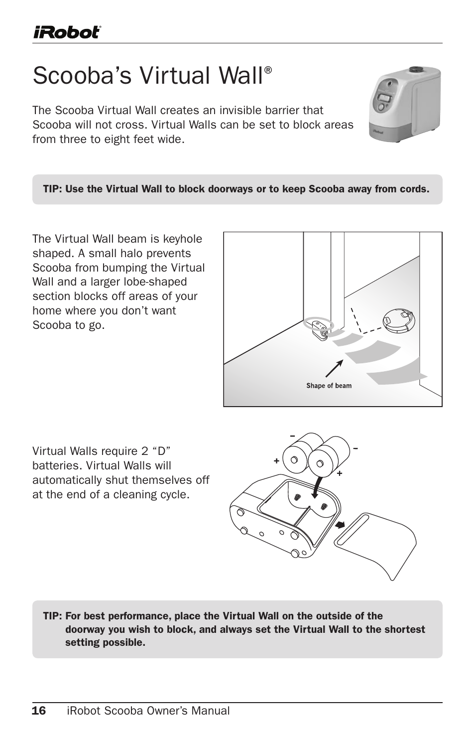 Scooba’s virtual wall | iRobot Cleaning System User Manual | Page 16 / 30