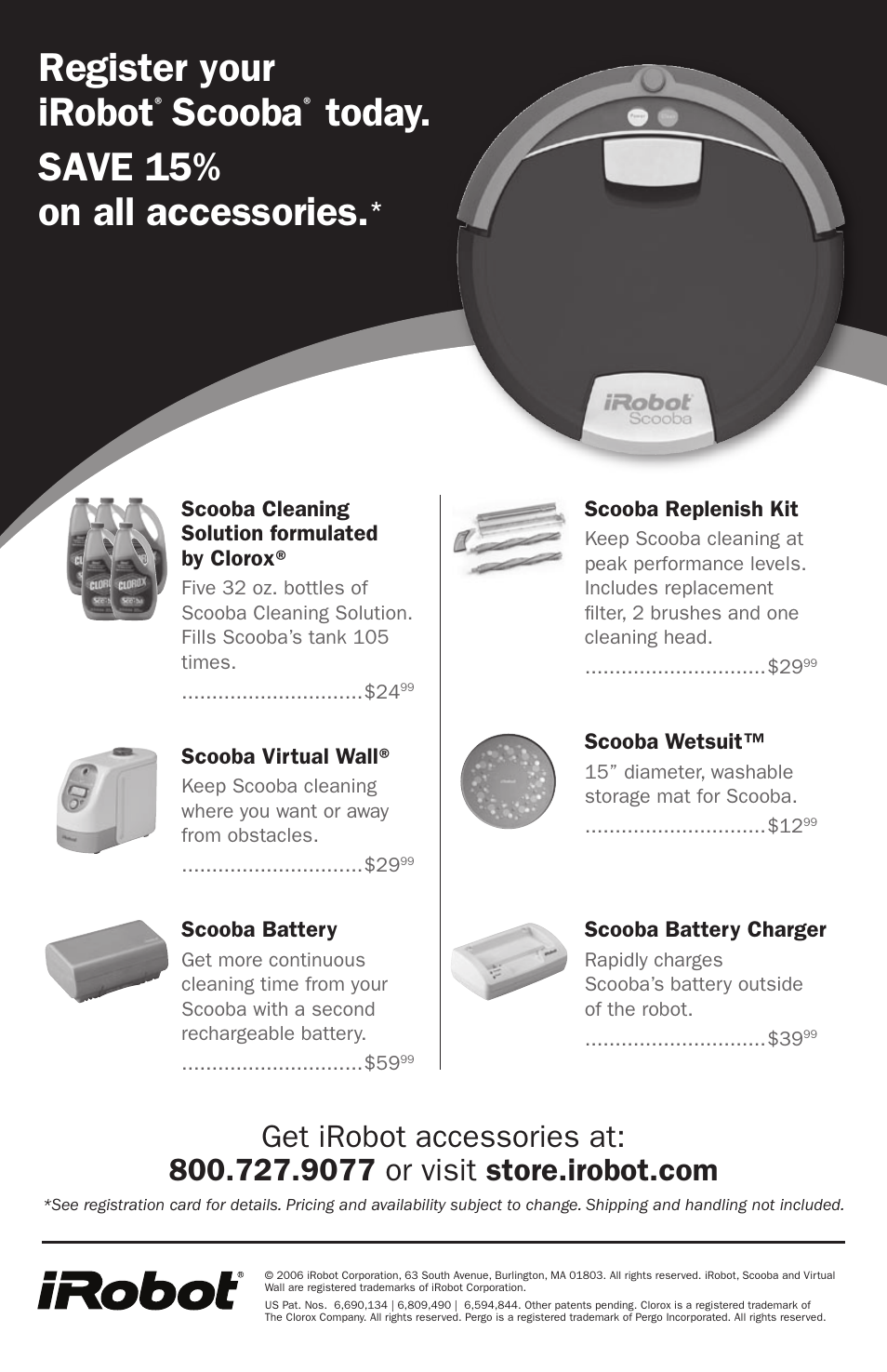 Register your irobot, Scooba, Today. save 15% on all accessories | iRobot Cleaning System User Manual | Page 30 / 30