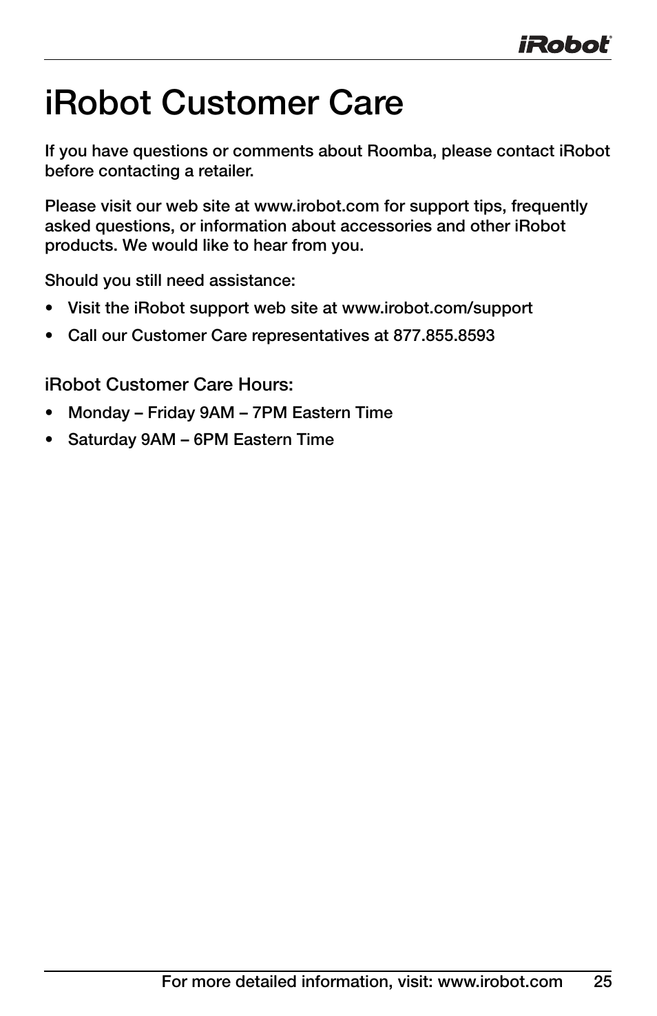 Irobot customer care | iRobot Roomba Professional Series User Manual | Page 25 / 27