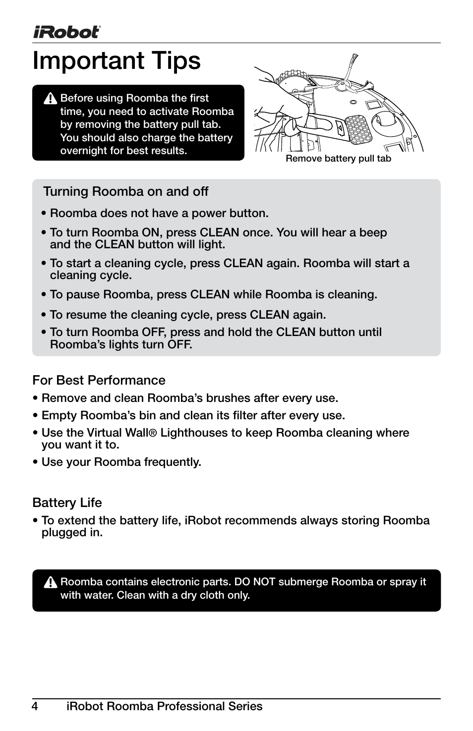 Important tips | iRobot Roomba Professional Series User Manual | Page 4 / 27