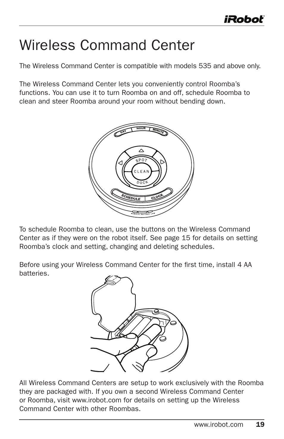 Wireless command center | iRobot Roomba 500 Series User Manual | Page 19 / 28