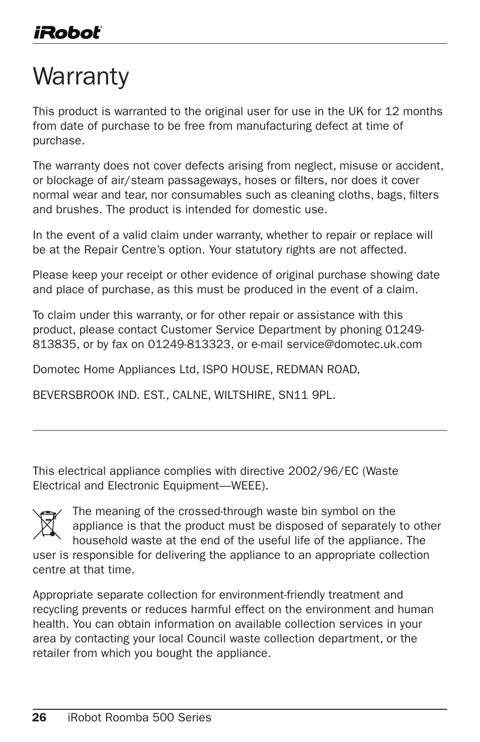 Warranty | iRobot Roomba 500 Series User Manual | Page 26 / 28